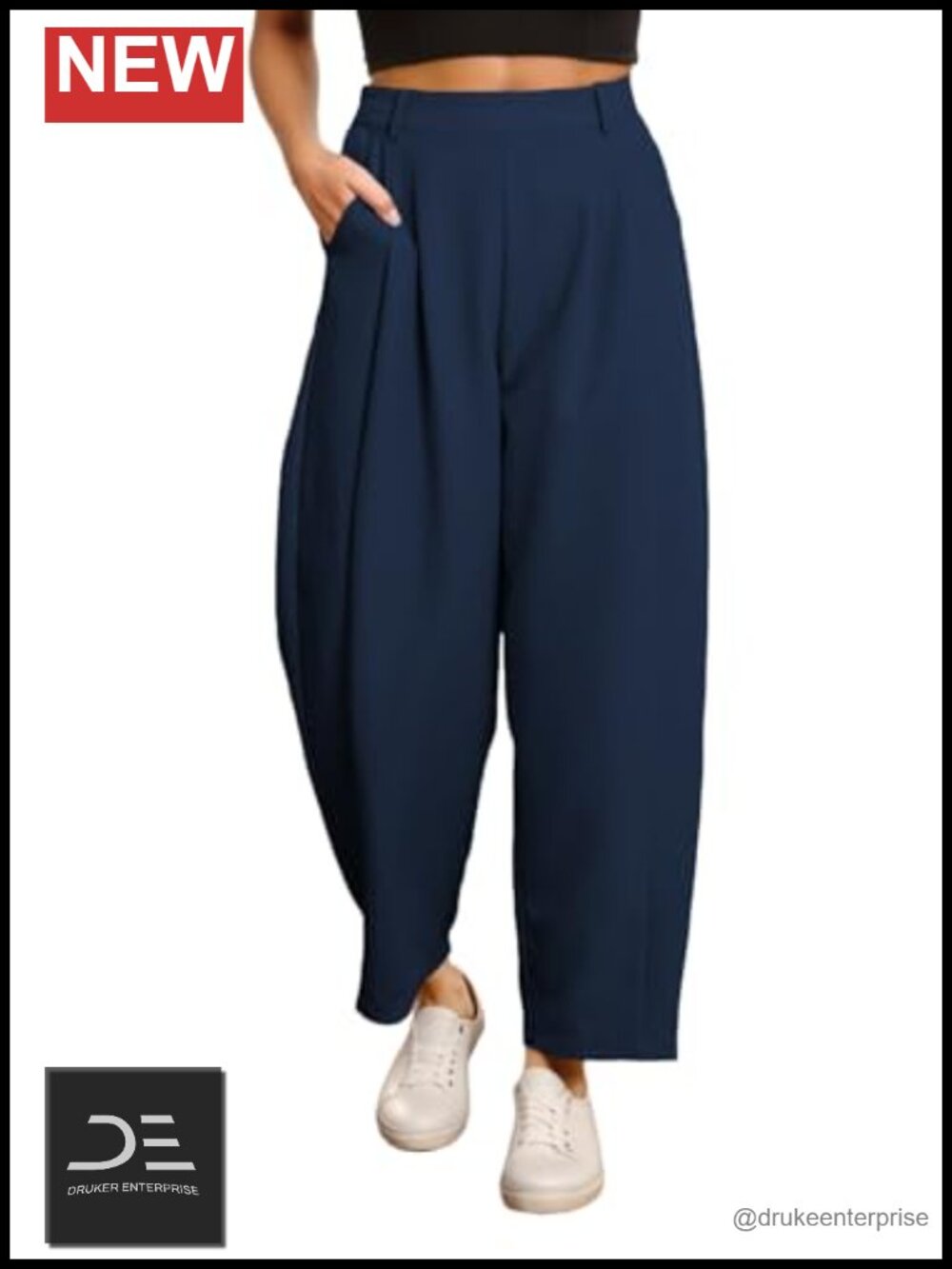 Wide Leg Barrel Pants with Pockets | Elastic High Waisted Loose Fit Business